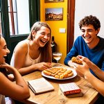 **

A diverse group of young adults laughing and chatting while gathered around a table filled with German textbooks, snacks (like tapas and churros), and drinks (like horchata and Spanish wine). The background is a cozy, warmly lit café in a Spanish-speaking country. The overall feeling is one of community, support, and enjoyable language learning. The atmosphere suggests they are part of a language exchange group.

**