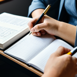A focused individual, fully clothed in modest, professional attire, diligently writing in a personal German language glossary notebook. The setting is a clean, well-organized study space with natural light, surrounded by a few reference books and a pen. The person has perfect anatomy, correct proportions, and a natural pose, with well-formed hands properly holding the pen. The atmosphere is calm and conducive to deep, active learning. safe for work, appropriate content, fully clothed, family-friendly, high-quality, professional photography.