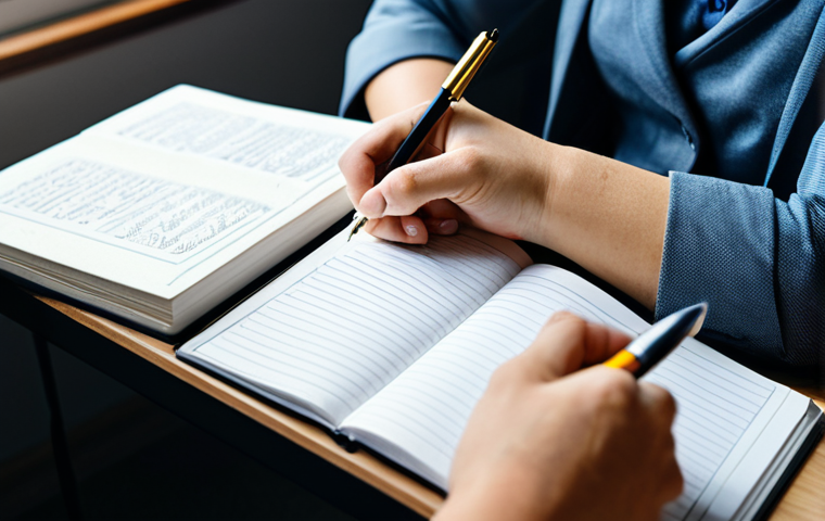 A focused individual, fully clothed in modest, professional attire, diligently writing in a personal German language glossary notebook. The setting is a clean, well-organized study space with natural light, surrounded by a few reference books and a pen. The person has perfect anatomy, correct proportions, and a natural pose, with well-formed hands properly holding the pen. The atmosphere is calm and conducive to deep, active learning. safe for work, appropriate content, fully clothed, family-friendly, high-quality, professional photography.