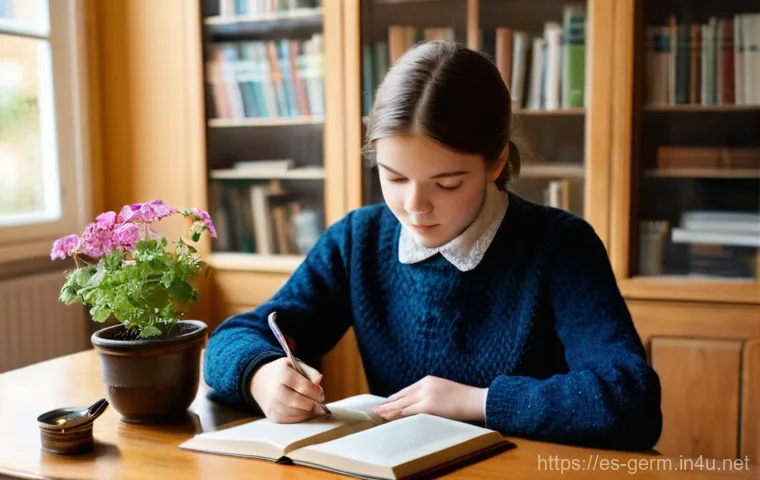 독일어 관용구 및 속담 - **Prompt 1: Diligent Student in a Traditional German Study Room**
    A 16-year-old German student, ...