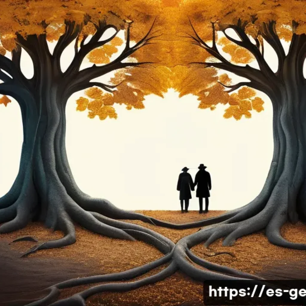 독일어가 영어에 미친 영향 - **Prompt:** An artistic and abstract depiction of language roots. Two distinct, ancient-looking tree...