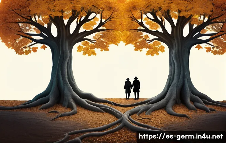 독일어가 영어에 미친 영향 - **Prompt:** An artistic and abstract depiction of language roots. Two distinct, ancient-looking tree...
