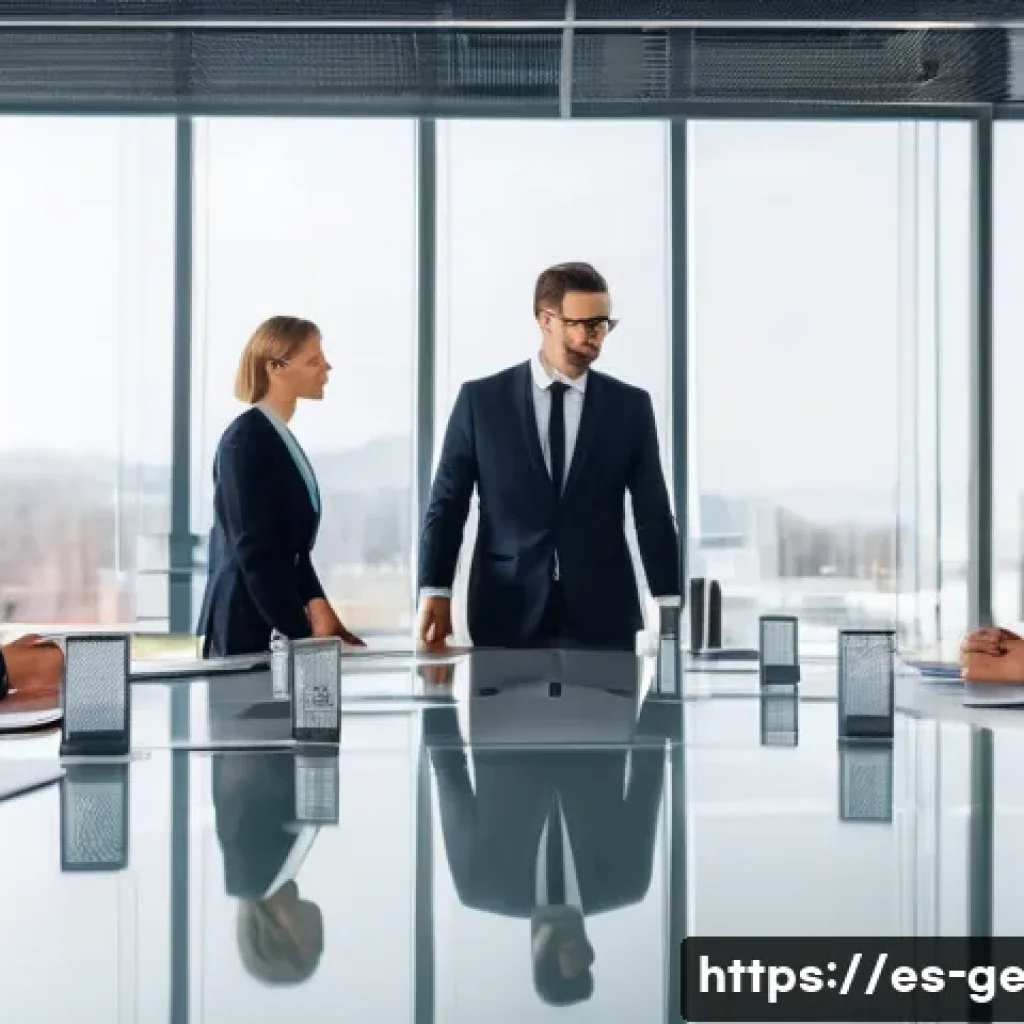 독일어와 유럽 문화 비교 - A detailed scene depicting a formal German business meeting in a modern office setting: men and wome...