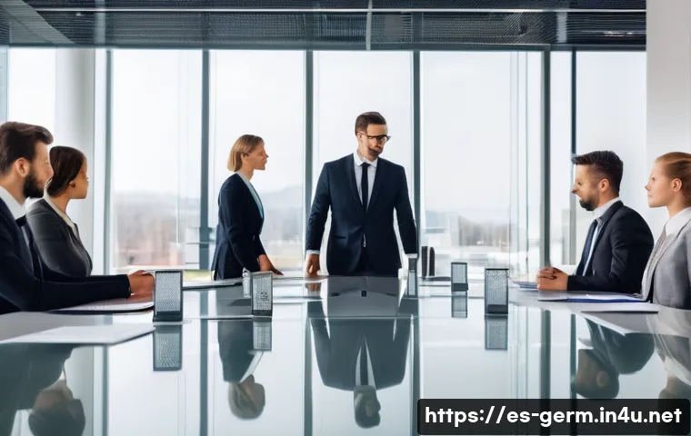 독일어와 유럽 문화 비교 - A detailed scene depicting a formal German business meeting in a modern office setting: men and wome...