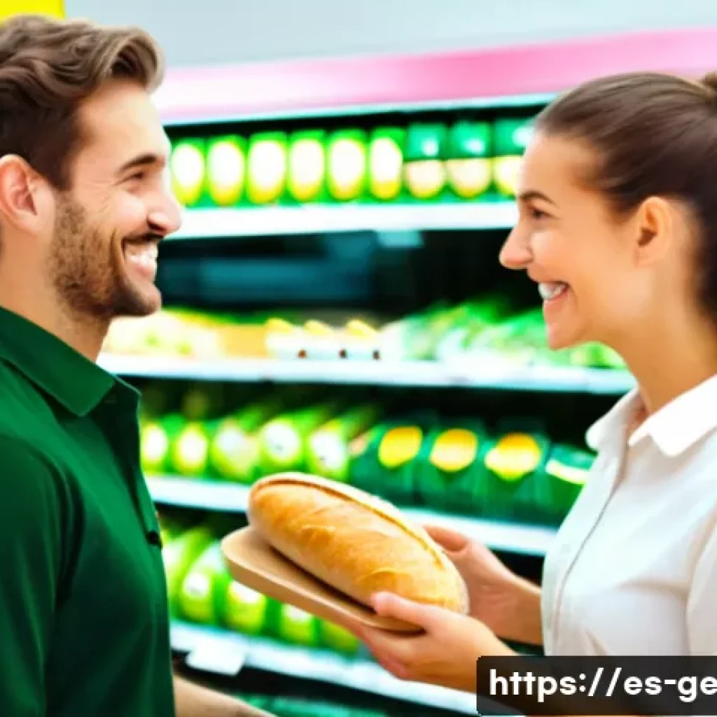 독일어권에서 살아남는 생활 표현 - A cheerful young woman shopping in a modern German supermarket aisle, holding a basket with fresh br...