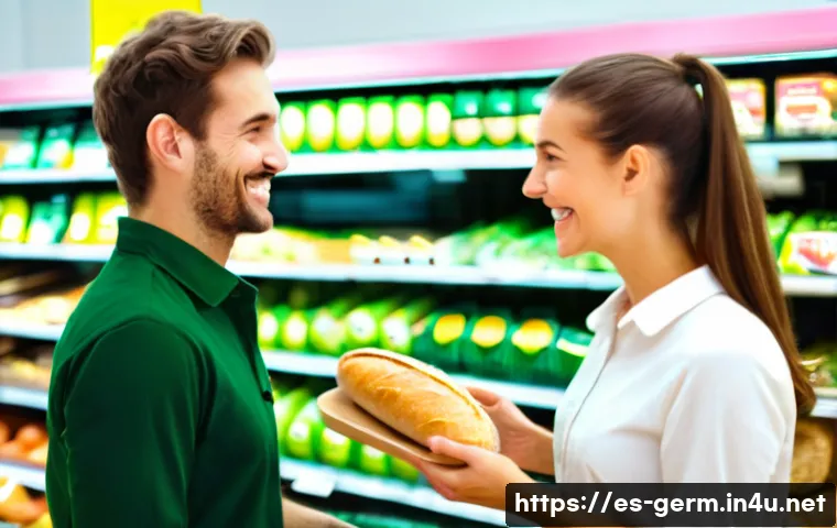 독일어권에서 살아남는 생활 표현 - A cheerful young woman shopping in a modern German supermarket aisle, holding a basket with fresh br...