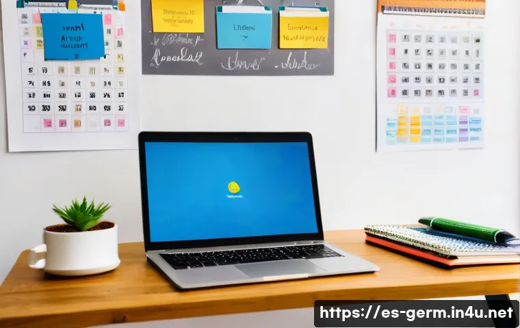 독일어 학습 플래너 만들기 - A cozy, well-lit study room designed for a Spanish-speaking learner, featuring a tidy wooden desk wi...