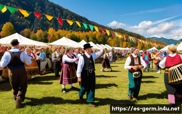 독일어권의 축제 및 행사 - A lively traditional German festival scene featuring multi-generational families dancing in traditio...