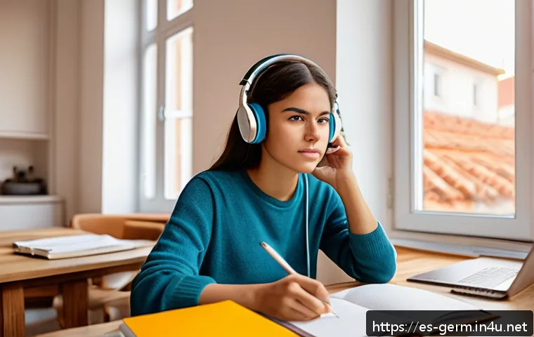 독일어 공부할 때 주의할 점 - A focused young Hispanic adult woman sitting at a cozy desk in a bright, modern apartment, surrounde...