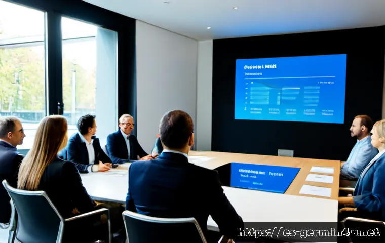 Home 17 독일어 프레젠테이션 용어 - Photorealistic professional presenting a business slideshow in a modern Berlin conference room, spea...