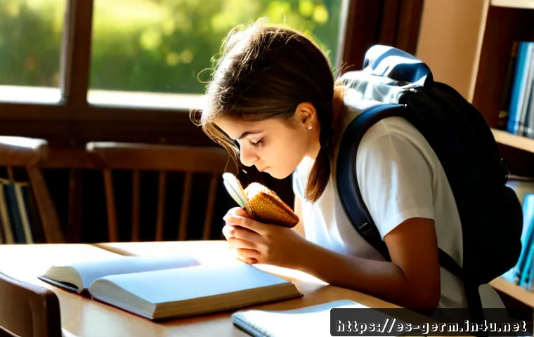 독일어에서 유래된 영어 단어 - Photorealistic Spanish university student studying English etymology at a sunlit library desk, open ...